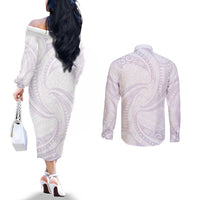 White Sunday Lotu Tamaiti Couples Matching Off The Shoulder Long Sleeve Dress and Long Sleeve Button Shirt Polynesian Wave Pastel Mauve LT9 - Polynesian Pride