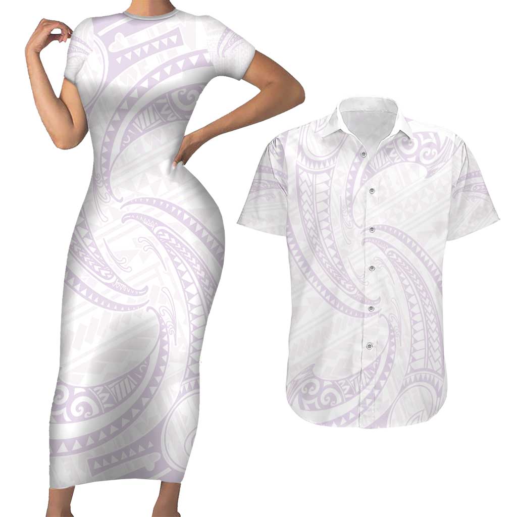 White Sunday Lotu Tamaiti Couples Matching Short Sleeve Bodycon Dress and Hawaiian Shirt Polynesian Wave Pastel Mauve LT9 Mauve - Polynesian Pride