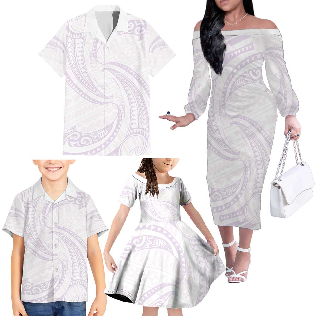 White Sunday Lotu Tamaiti Family Matching Off The Shoulder Long Sleeve Dress and Hawaiian Shirt Polynesian Wave Pastel Mauve LT9 - Polynesian Pride