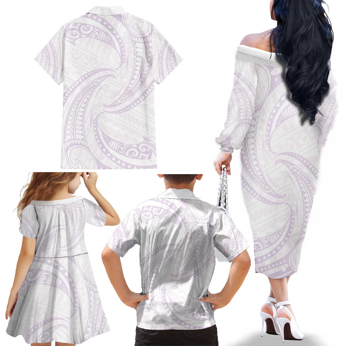 White Sunday Lotu Tamaiti Family Matching Off The Shoulder Long Sleeve Dress and Hawaiian Shirt Polynesian Wave Pastel Mauve LT9 - Polynesian Pride