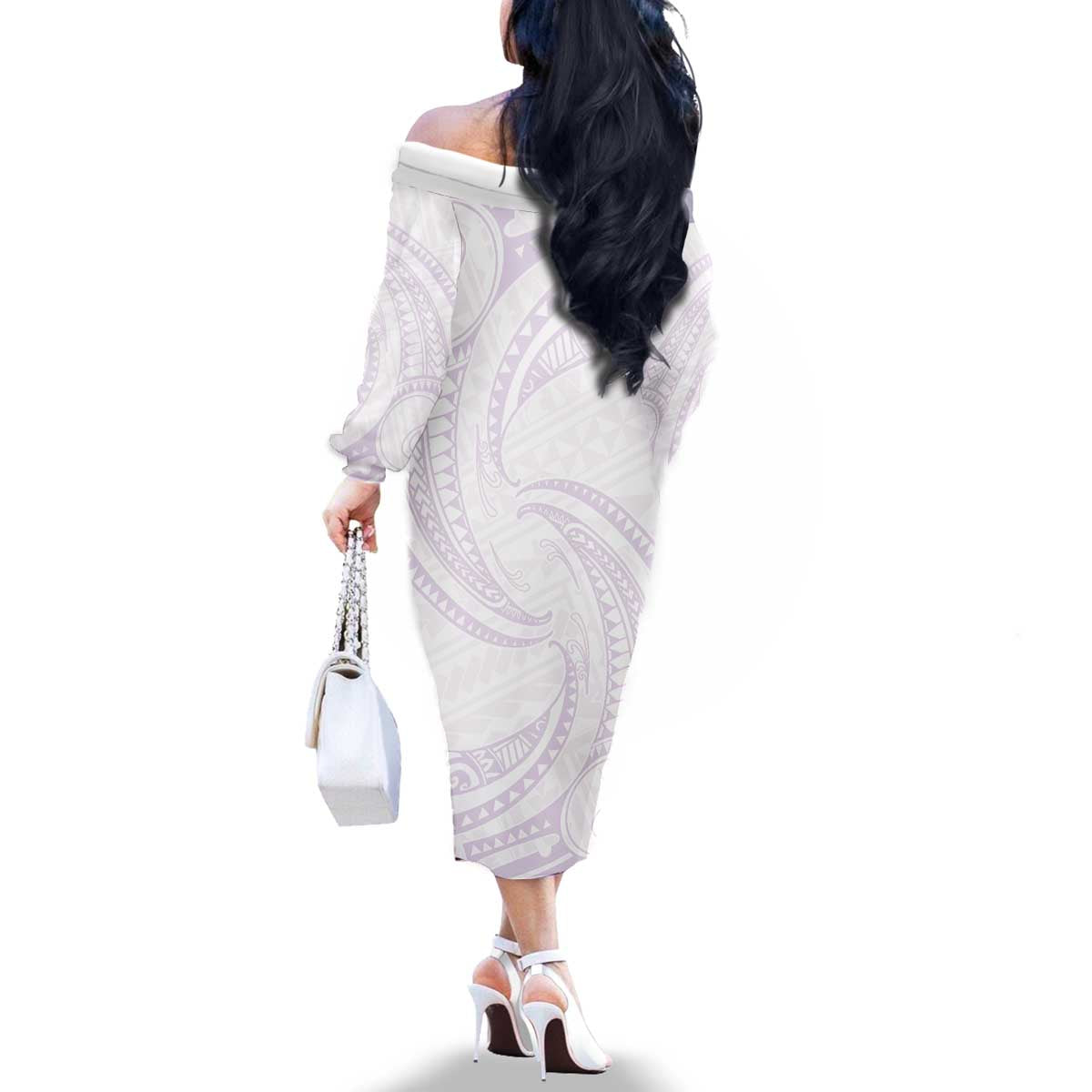 White Sunday Lotu Tamaiti Family Matching Off The Shoulder Long Sleeve Dress and Hawaiian Shirt Polynesian Wave Pastel Mauve LT9 - Polynesian Pride