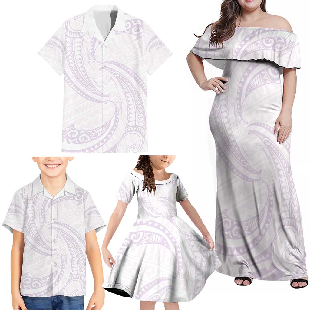 White Sunday Lotu Tamaiti Family Matching Off Shoulder Maxi Dress and Hawaiian Shirt Polynesian Wave Pastel Mauve LT9 - Polynesian Pride