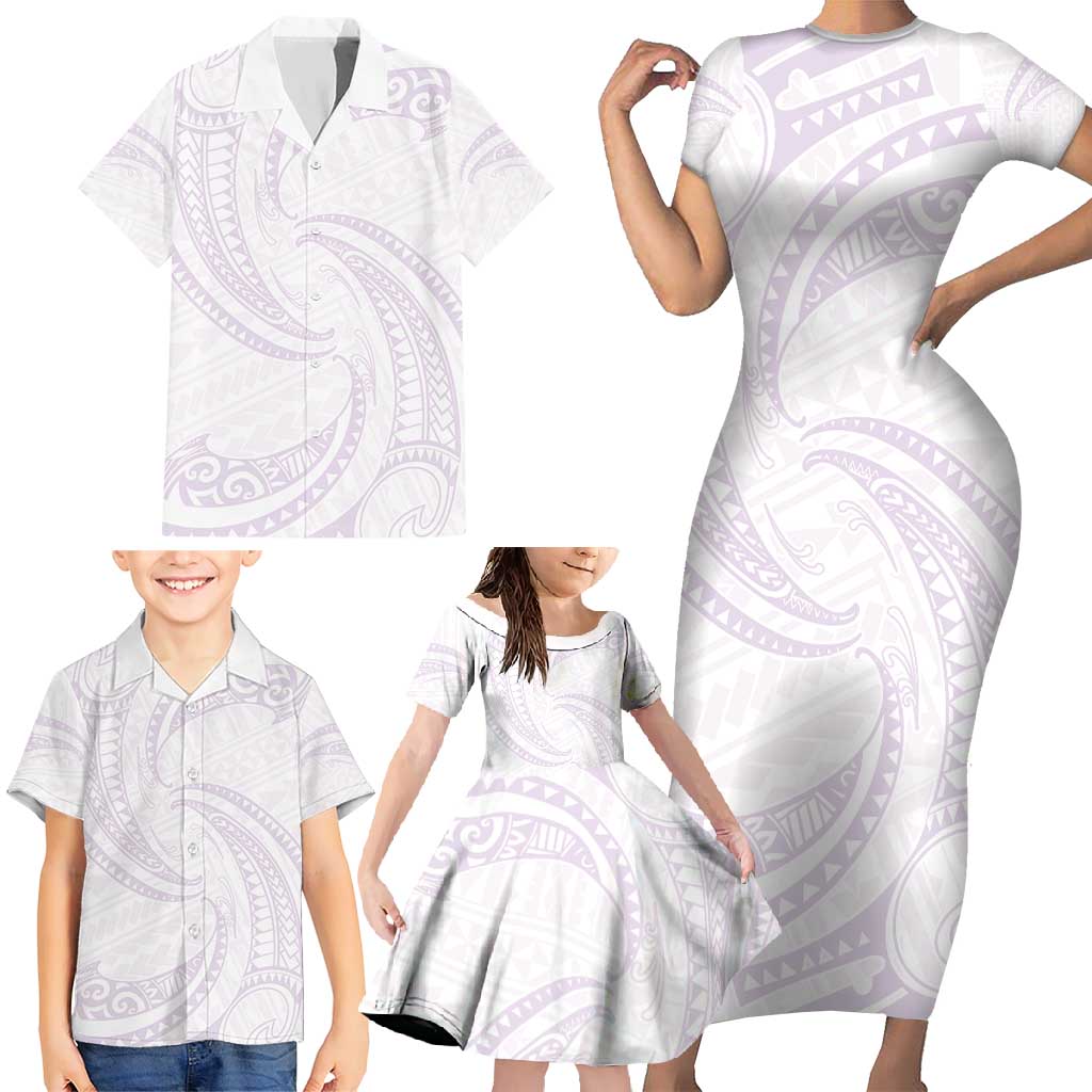 White Sunday Lotu Tamaiti Family Matching Short Sleeve Bodycon Dress and Hawaiian Shirt Polynesian Wave Pastel Mauve LT9 - Polynesian Pride