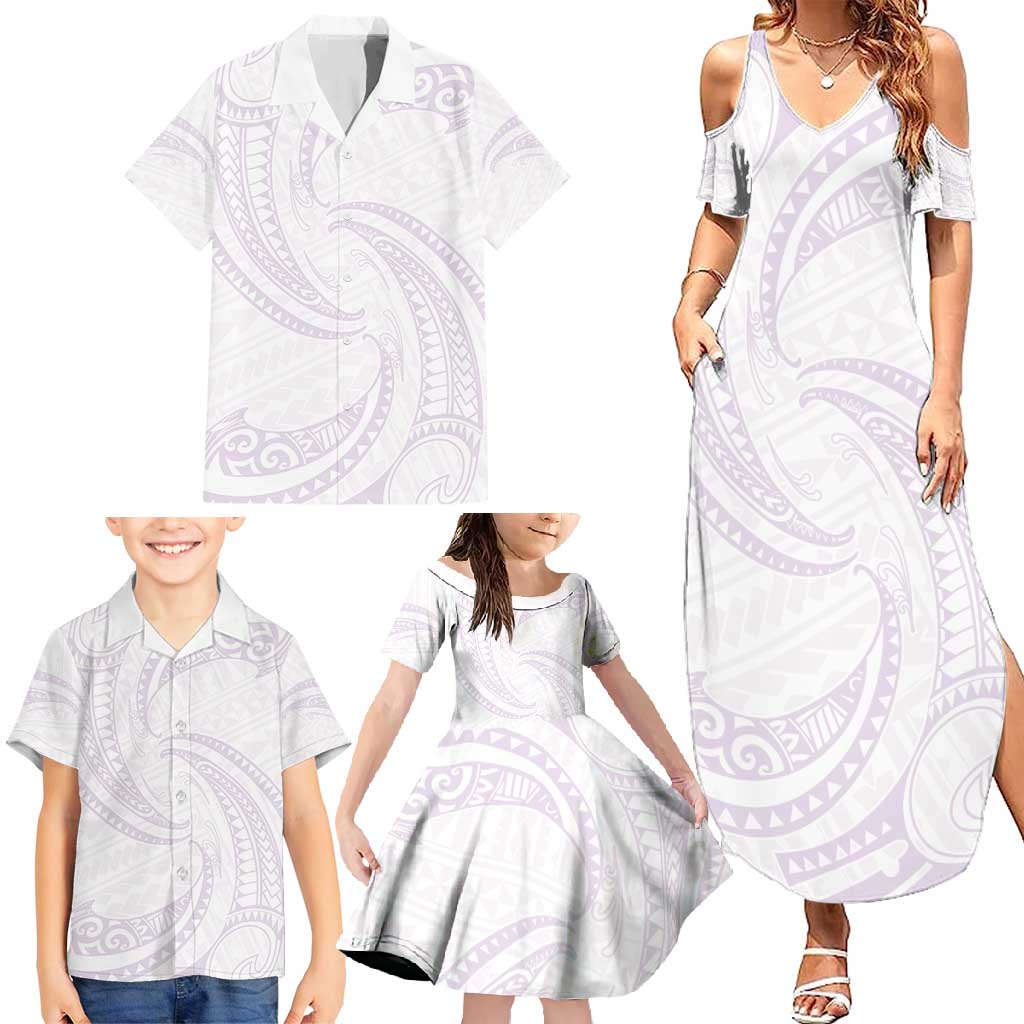 White Sunday Lotu Tamaiti Family Matching Summer Maxi Dress and Hawaiian Shirt Polynesian Wave Pastel Mauve LT9 - Polynesian Pride