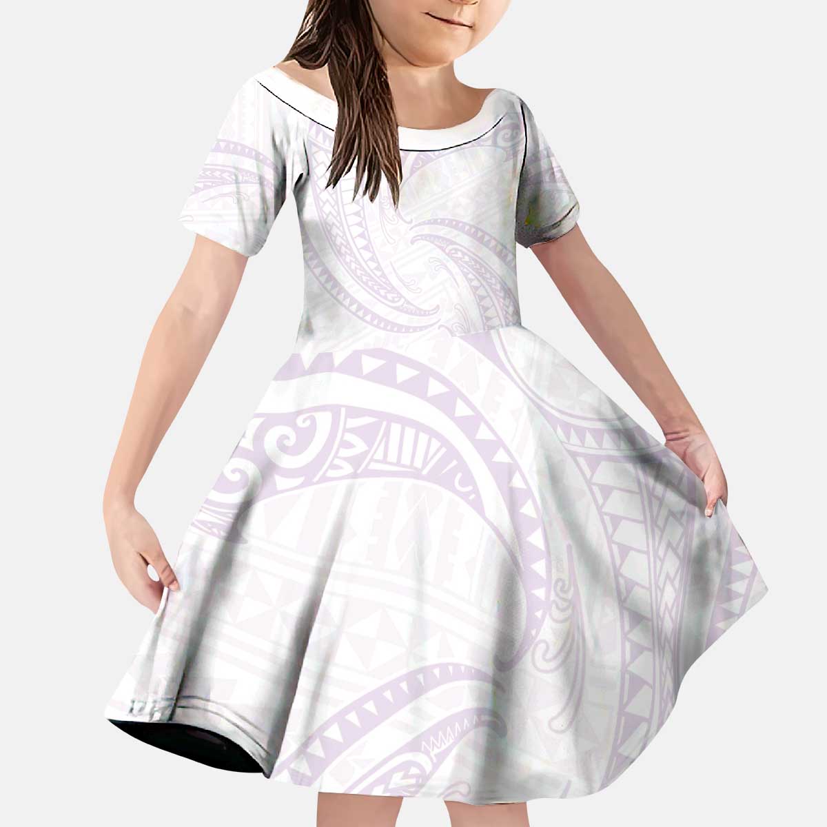White Sunday Lotu Tamaiti Kid Short Sleeve Dress Polynesian Wave Pastel Mauve - Polynesian Pride