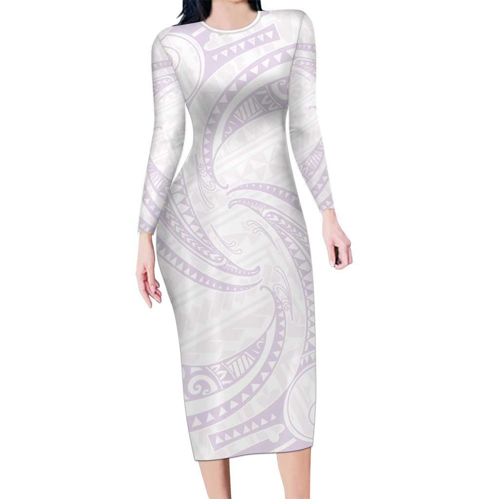 White Sunday Lotu Tamaiti Long Sleeve Bodycon Dress Polynesian Wave Pastel Mauve - Polynesian Pride