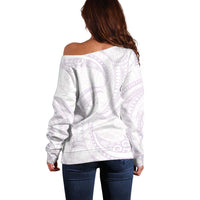 White Sunday Lotu Tamaiti Off Shoulder Sweater Polynesian Wave Pastel Mauve - Polynesian Pride