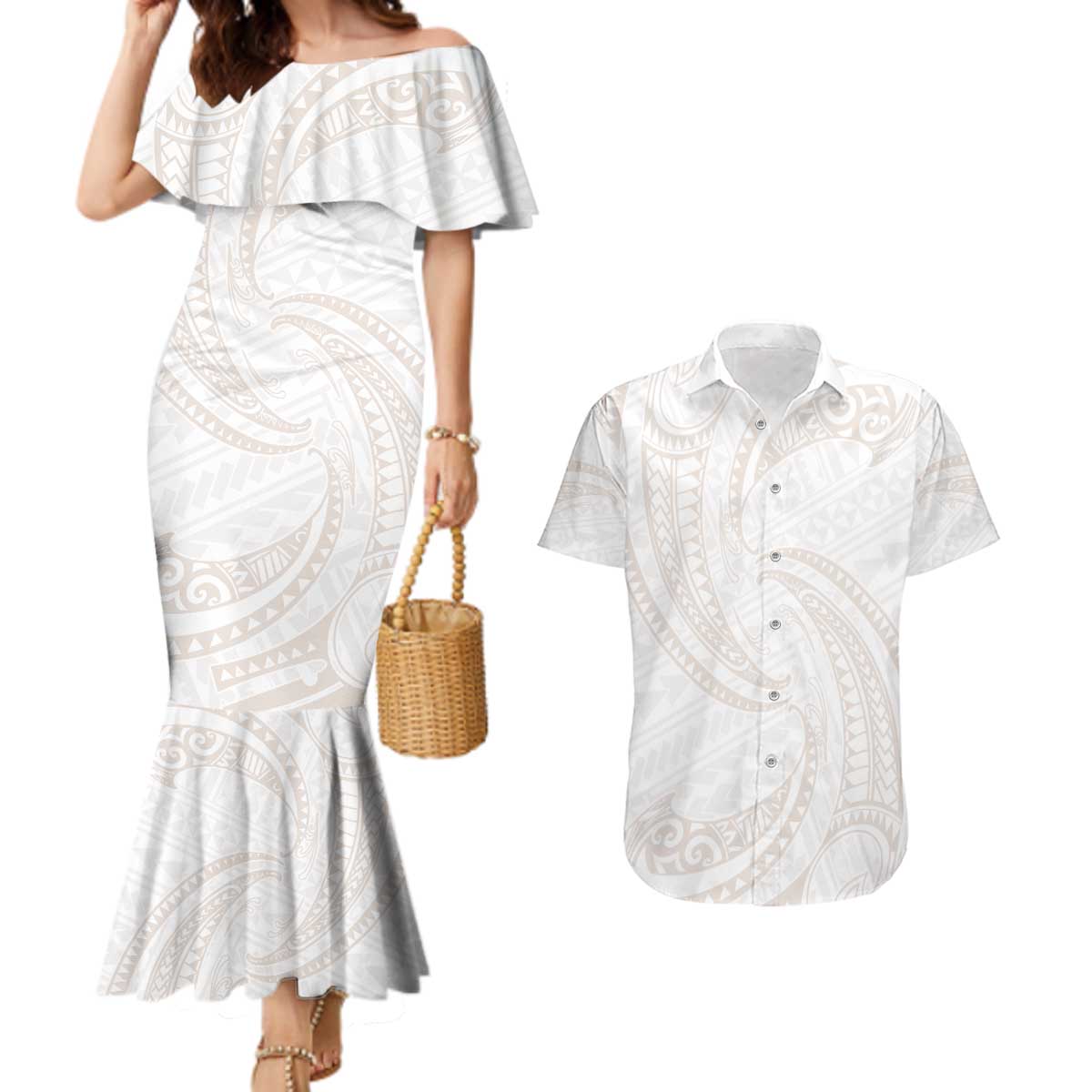 White Sunday Lotu Tamaiti Couples Matching Mermaid Dress and Hawaiian Shirt Polynesian Wave Pastel Nude - Polynesian Pride
