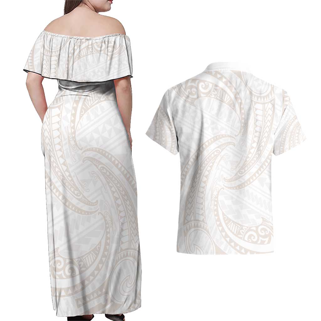 White Sunday Lotu Tamaiti Couples Matching Off Shoulder Maxi Dress and Hawaiian Shirt Polynesian Wave Pastel Nude - Polynesian Pride
