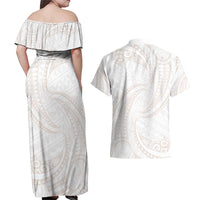White Sunday Lotu Tamaiti Couples Matching Off Shoulder Maxi Dress and Hawaiian Shirt Polynesian Wave Pastel Nude - Polynesian Pride