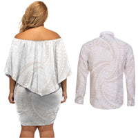 White Sunday Lotu Tamaiti Couples Matching Off Shoulder Short Dress and Long Sleeve Button Shirt Polynesian Wave Pastel Nude - Polynesian Pride