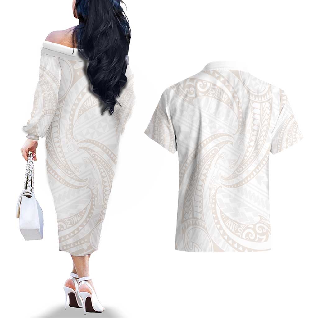 White Sunday Lotu Tamaiti Couples Matching Off The Shoulder Long Sleeve Dress and Hawaiian Shirt Polynesian Wave Pastel Nude LT9 - Polynesian Pride