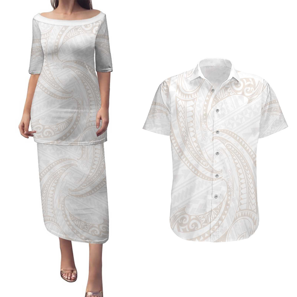 White Sunday Lotu Tamaiti Couples Matching Puletasi and Hawaiian Shirt Polynesian Wave Pastel Nude - Polynesian Pride