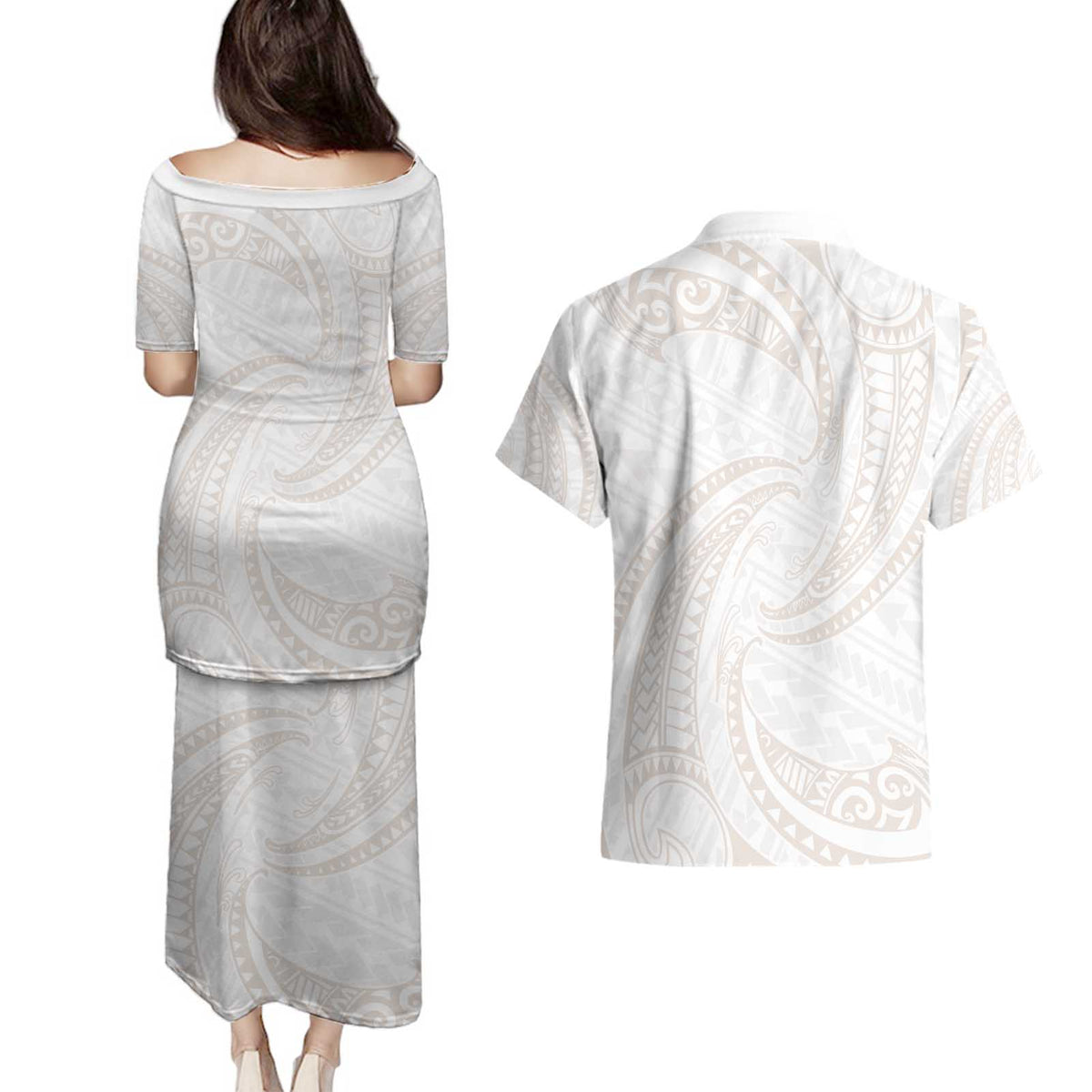 White Sunday Lotu Tamaiti Couples Matching Puletasi and Hawaiian Shirt Polynesian Wave Pastel Nude - Polynesian Pride