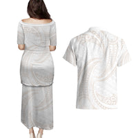 White Sunday Lotu Tamaiti Couples Matching Puletasi and Hawaiian Shirt Polynesian Wave Pastel Nude - Polynesian Pride