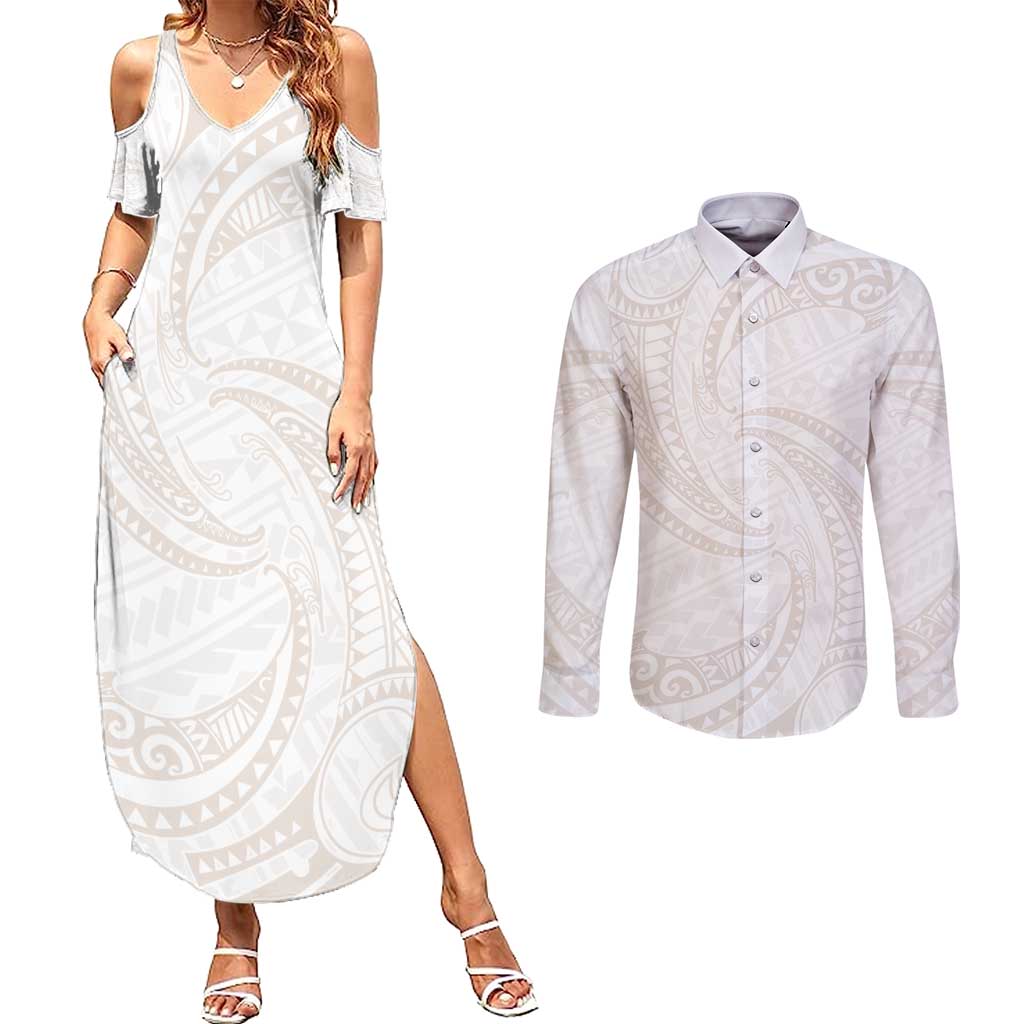 White Sunday Lotu Tamaiti Couples Matching Summer Maxi Dress and Long Sleeve Button Shirt Polynesian Wave Pastel Nude - Polynesian Pride