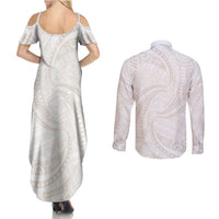 White Sunday Lotu Tamaiti Couples Matching Summer Maxi Dress and Long Sleeve Button Shirt Polynesian Wave Pastel Nude - Polynesian Pride