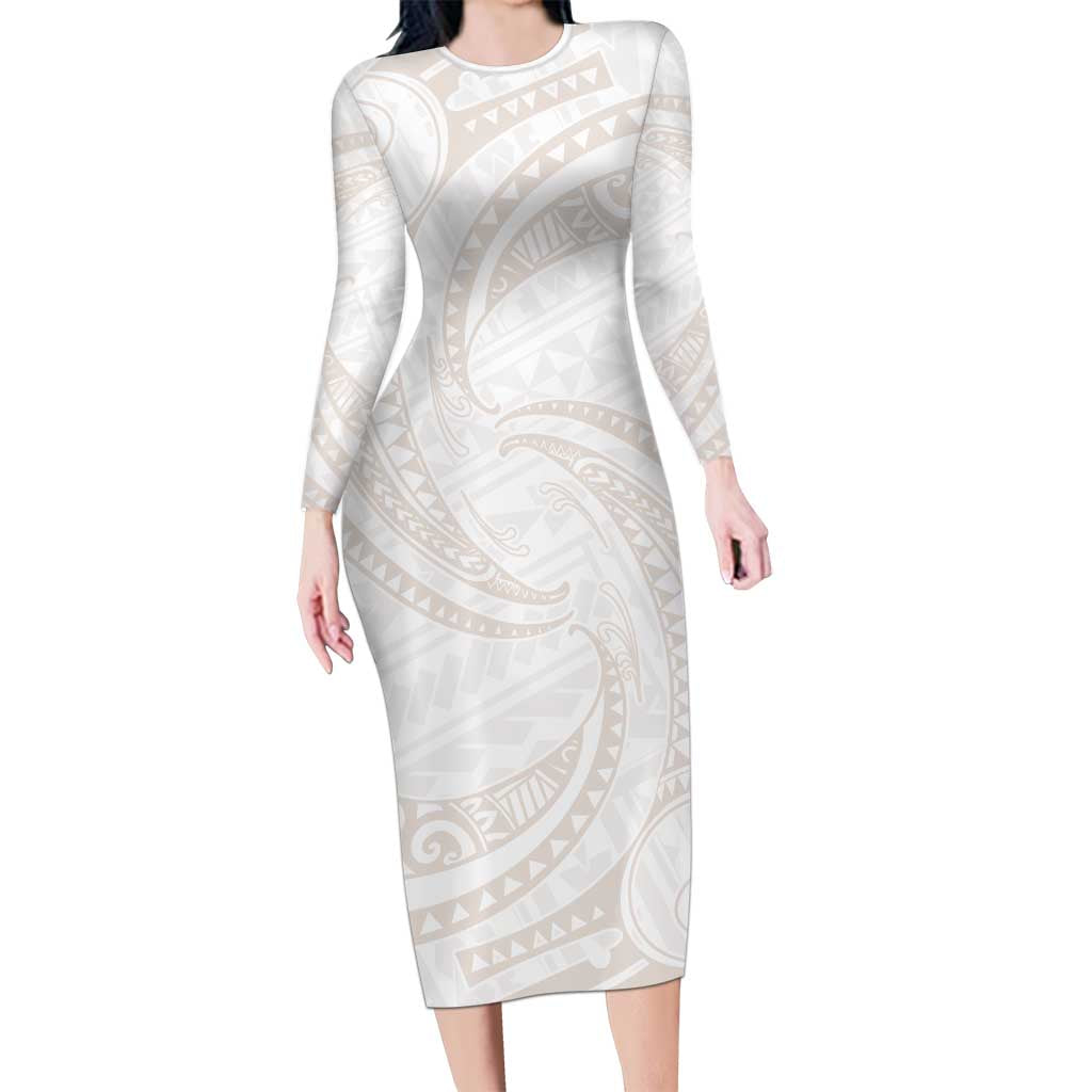 White Sunday Lotu Tamaiti Family Matching Long Sleeve Bodycon Dress and Hawaiian Shirt Polynesian Wave Pastel Nude LT9 Mom's Dress Nude - Polynesian Pride
