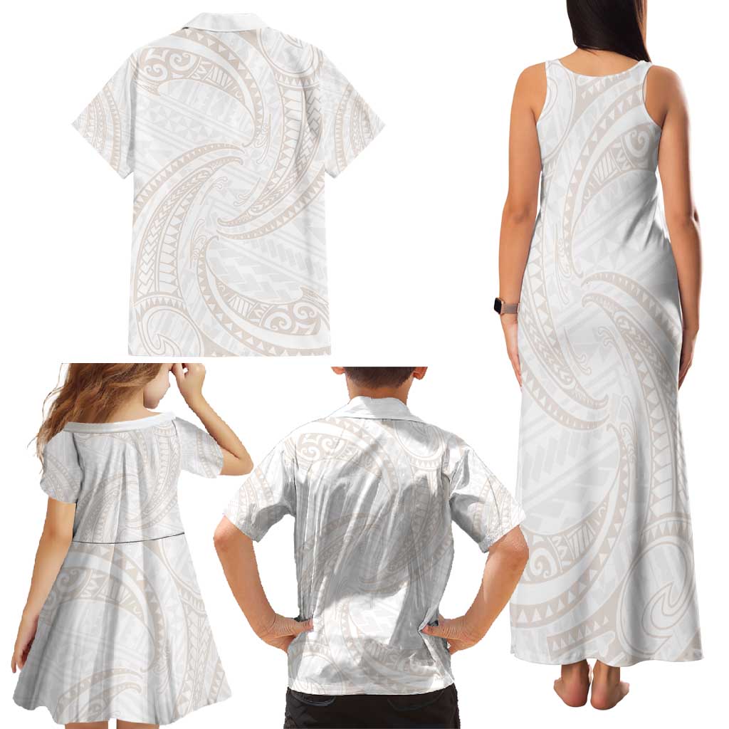 White Sunday Lotu Tamaiti Family Matching Tank Maxi Dress and Hawaiian Shirt Polynesian Wave Pastel Nude LT9 - Polynesian Pride