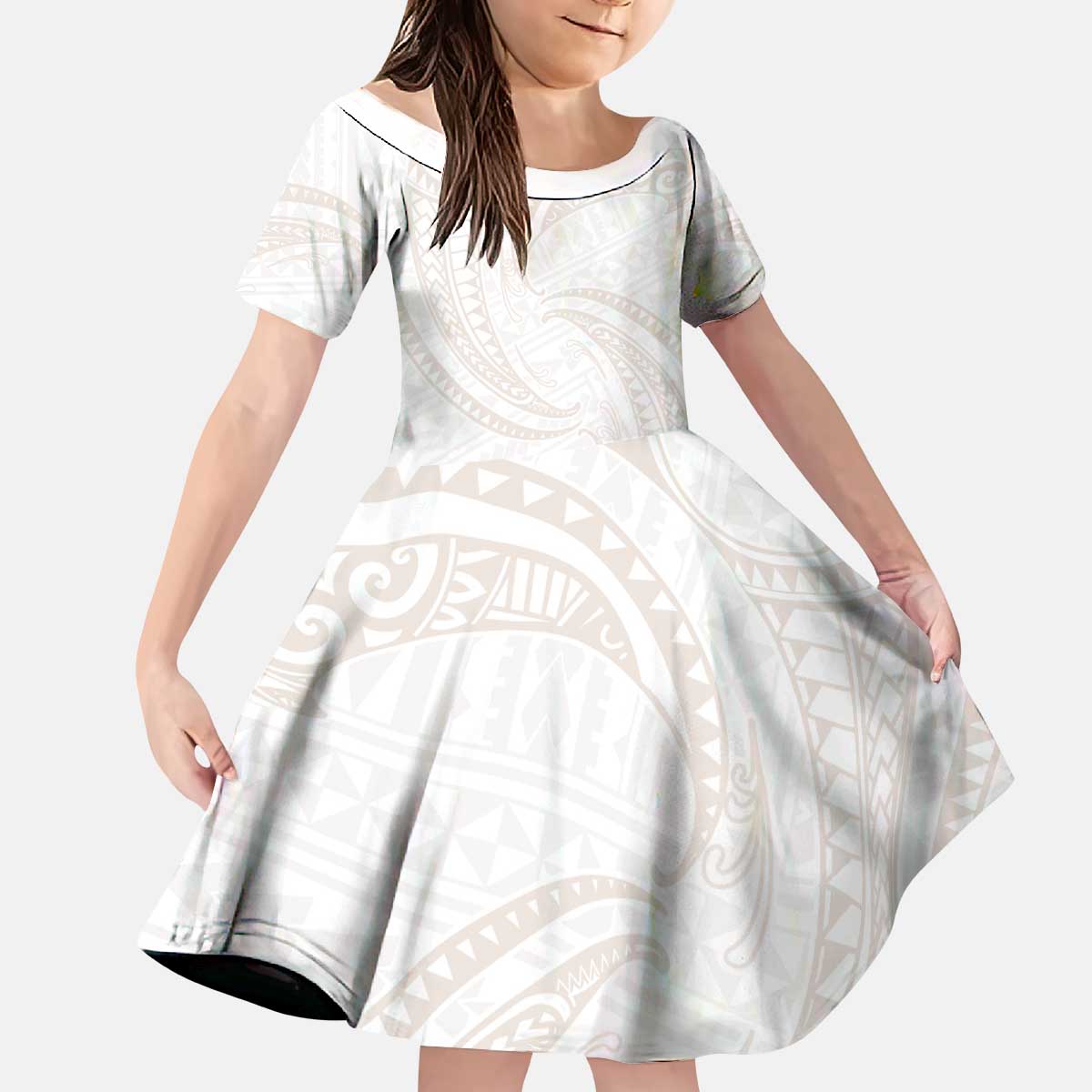 White Sunday Lotu Tamaiti Kid Short Sleeve Dress Polynesian Wave Pastel Nude - Polynesian Pride
