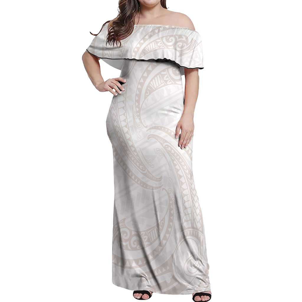 White Sunday Lotu Tamaiti Off Shoulder Maxi Dress Polynesian Wave Pastel Nude - Polynesian Pride