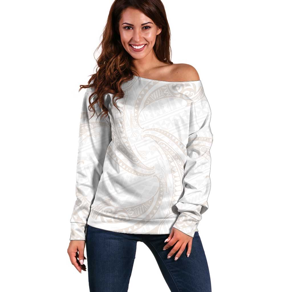 White Sunday Lotu Tamaiti Off Shoulder Sweater Polynesian Wave Pastel Nude - Polynesian Pride
