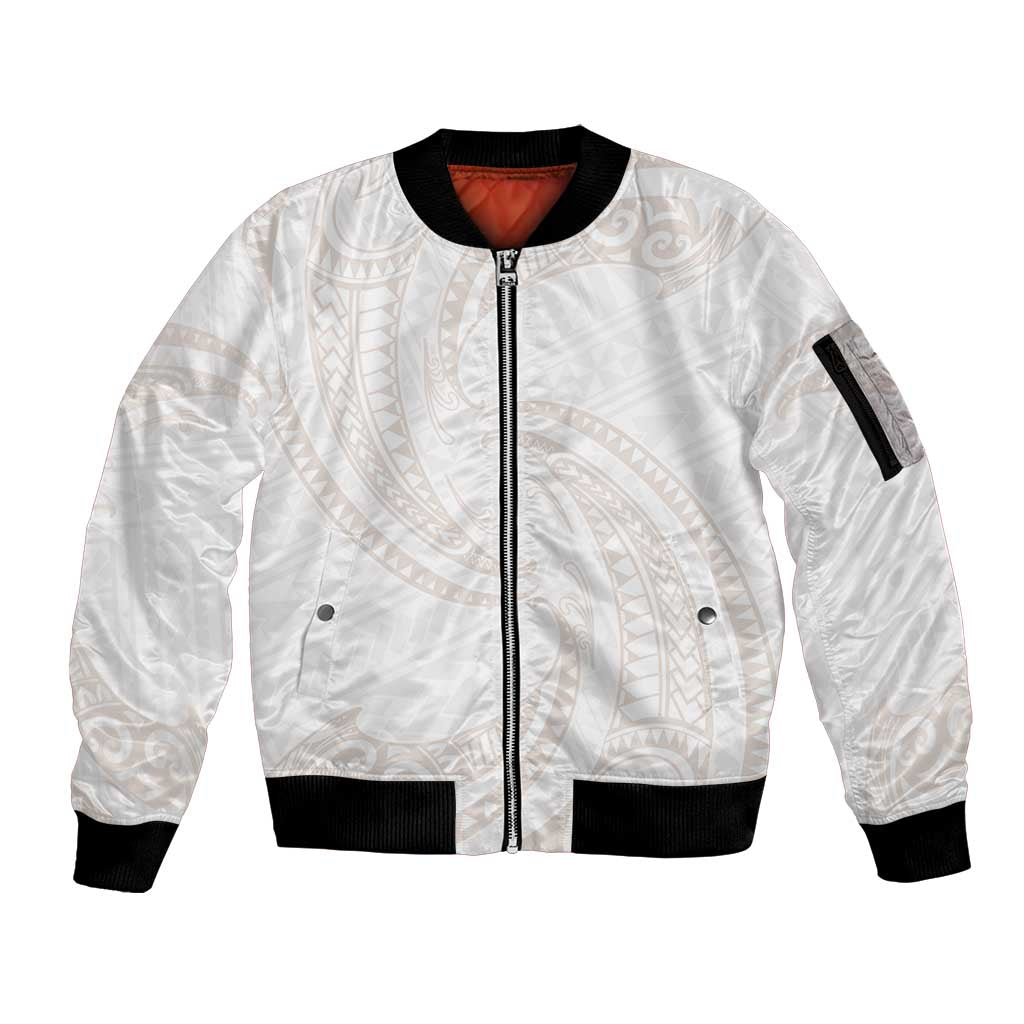 White Sunday Lotu Tamaiti Sleeve Zip Bomber Jacket Polynesian Wave Pastel Nude - Polynesian Pride