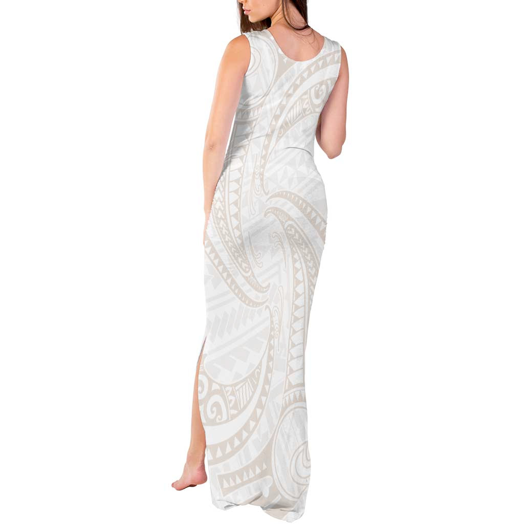 White Sunday Lotu Tamaiti Tank Maxi Dress Polynesian Wave Pastel Nude - Polynesian Pride