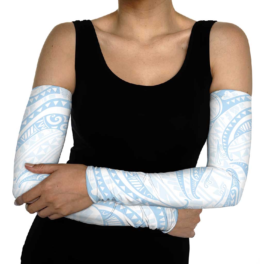 White Sunday Lotu Tamaiti Arm Sleeves Polynesian Wave Pastel Sky Blue - Polynesian Pride