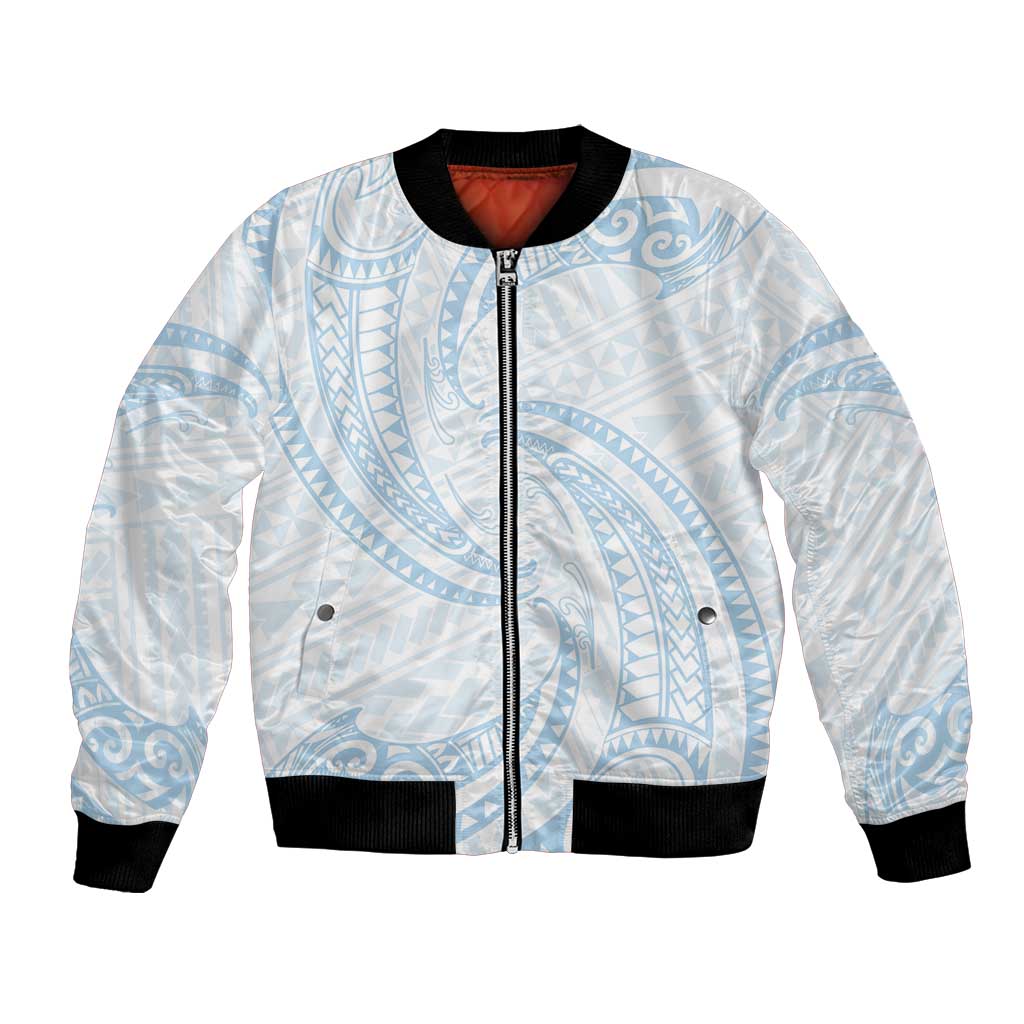 White Sunday Lotu Tamaiti Bomber Jacket Polynesian Wave Pastel Sky Blue LT9 Unisex Blue - Polynesian Pride