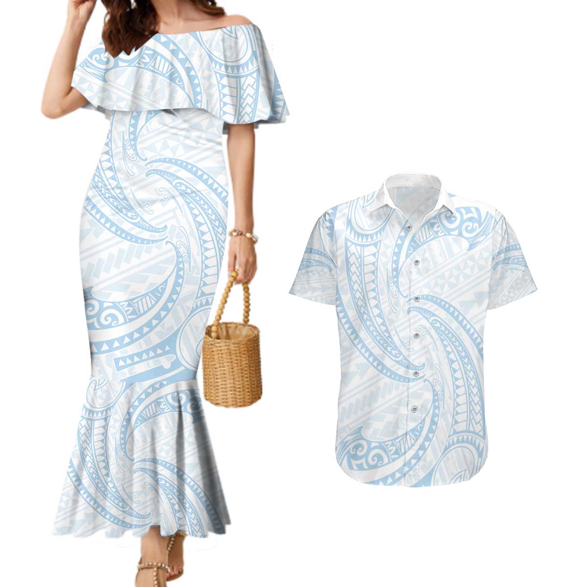 White Sunday Lotu Tamaiti Couples Matching Mermaid Dress and Hawaiian Shirt Polynesian Wave Pastel Sky Blue - Polynesian Pride