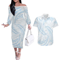 White Sunday Lotu Tamaiti Couples Matching Off The Shoulder Long Sleeve Dress and Hawaiian Shirt Polynesian Wave Pastel Sky Blue LT9 Blue - Polynesian Pride