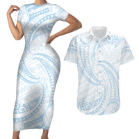 White Sunday Lotu Tamaiti Couples Matching Short Sleeve Bodycon Dress and Hawaiian Shirt Polynesian Wave Pastel Sky Blue LT9 Blue - Polynesian Pride