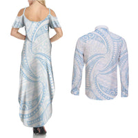 White Sunday Lotu Tamaiti Couples Matching Summer Maxi Dress and Long Sleeve Button Shirt Polynesian Wave Pastel Sky Blue - Polynesian Pride