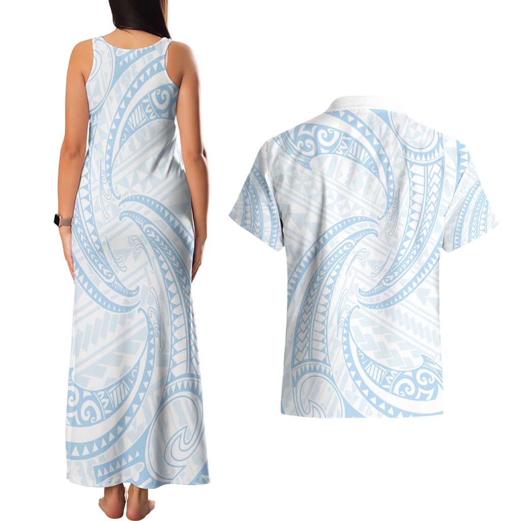White Sunday Lotu Tamaiti Couples Matching Tank Maxi Dress and Hawaiian Shirt Polynesian Wave Pastel Sky Blue - Polynesian Pride