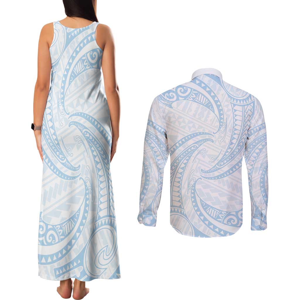 White Sunday Lotu Tamaiti Couples Matching Tank Maxi Dress and Long Sleeve Button Shirt Polynesian Wave Pastel Sky Blue - Polynesian Pride