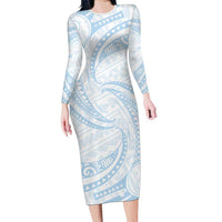 White Sunday Lotu Tamaiti Family Matching Long Sleeve Bodycon Dress and Hawaiian Shirt Polynesian Wave Pastel Sky Blue LT9 Mom's Dress Blue - Polynesian Pride