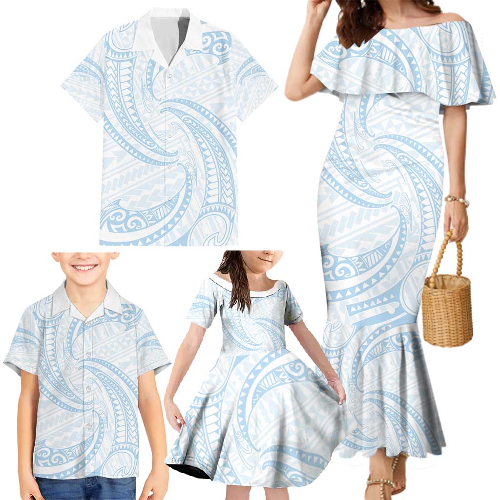 White Sunday Lotu Tamaiti Family Matching Mermaid Dress and Hawaiian Shirt Polynesian Wave Pastel Sky Blue LT9 - Polynesian Pride