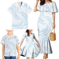 White Sunday Lotu Tamaiti Family Matching Mermaid Dress and Hawaiian Shirt Polynesian Wave Pastel Sky Blue LT9 - Polynesian Pride