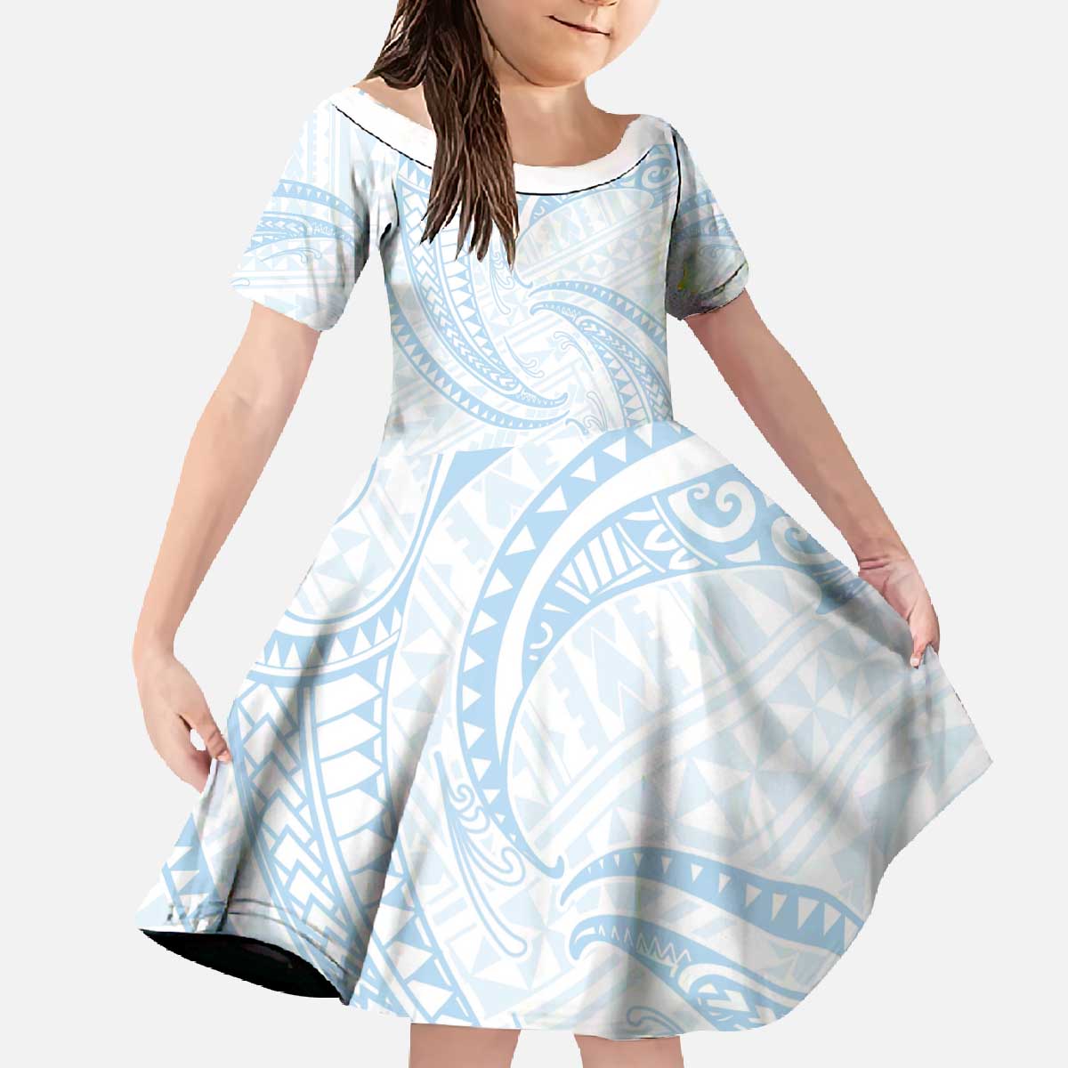 White Sunday Lotu Tamaiti Family Matching Off The Shoulder Long Sleeve Dress and Hawaiian Shirt Polynesian Wave Pastel Sky Blue LT9 Daughter's Dress Blue - Polynesian Pride