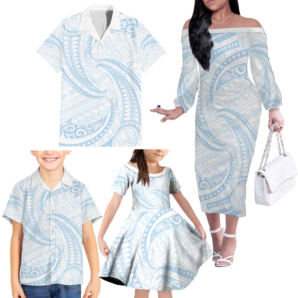 White Sunday Lotu Tamaiti Family Matching Off The Shoulder Long Sleeve Dress and Hawaiian Shirt Polynesian Wave Pastel Sky Blue LT9 - Polynesian Pride