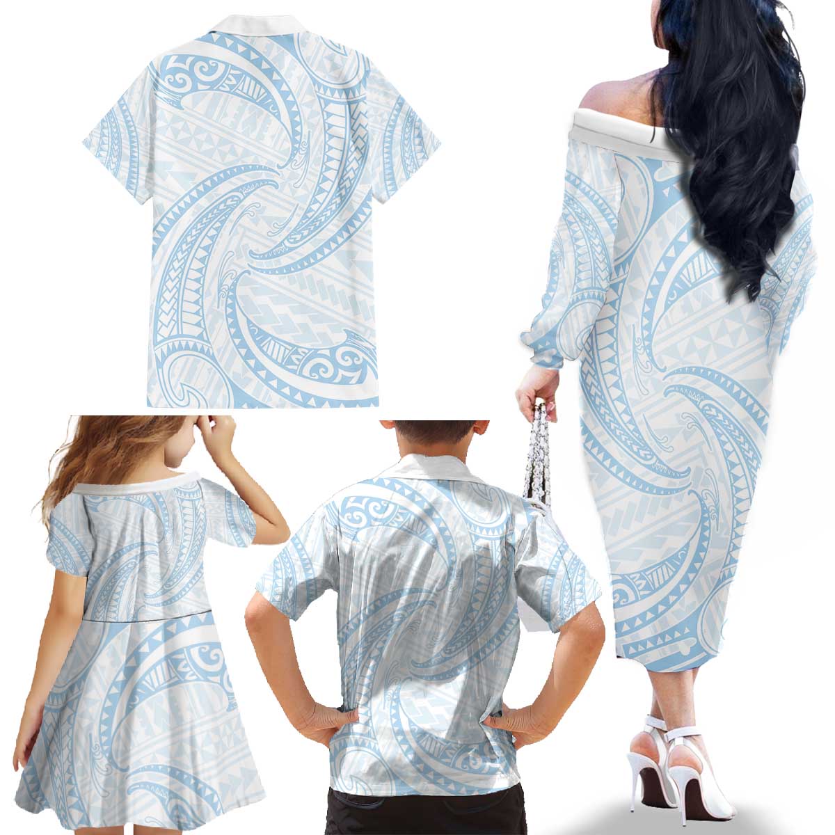 White Sunday Lotu Tamaiti Family Matching Off The Shoulder Long Sleeve Dress and Hawaiian Shirt Polynesian Wave Pastel Sky Blue LT9 - Polynesian Pride