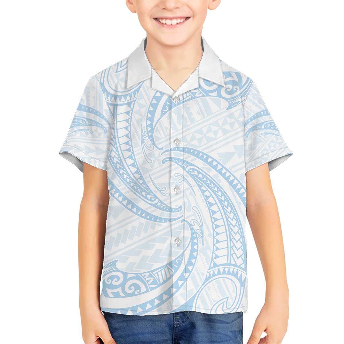 White Sunday Lotu Tamaiti Family Matching Off The Shoulder Long Sleeve Dress and Hawaiian Shirt Polynesian Wave Pastel Sky Blue LT9 Son's Shirt Blue - Polynesian Pride