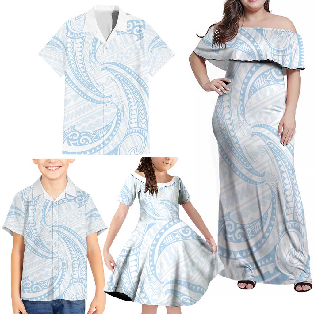White Sunday Lotu Tamaiti Family Matching Off Shoulder Maxi Dress and Hawaiian Shirt Polynesian Wave Pastel Sky Blue LT9 - Polynesian Pride