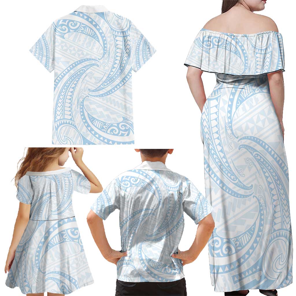 White Sunday Lotu Tamaiti Family Matching Off Shoulder Maxi Dress and Hawaiian Shirt Polynesian Wave Pastel Sky Blue LT9 - Polynesian Pride