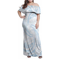White Sunday Lotu Tamaiti Family Matching Off Shoulder Maxi Dress and Hawaiian Shirt Polynesian Wave Pastel Sky Blue LT9 Mom's Dress Blue - Polynesian Pride