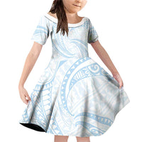 White Sunday Lotu Tamaiti Family Matching Off Shoulder Short Dress and Hawaiian Shirt Polynesian Wave Pastel Sky Blue LT9 Daughter's Dress Blue - Polynesian Pride