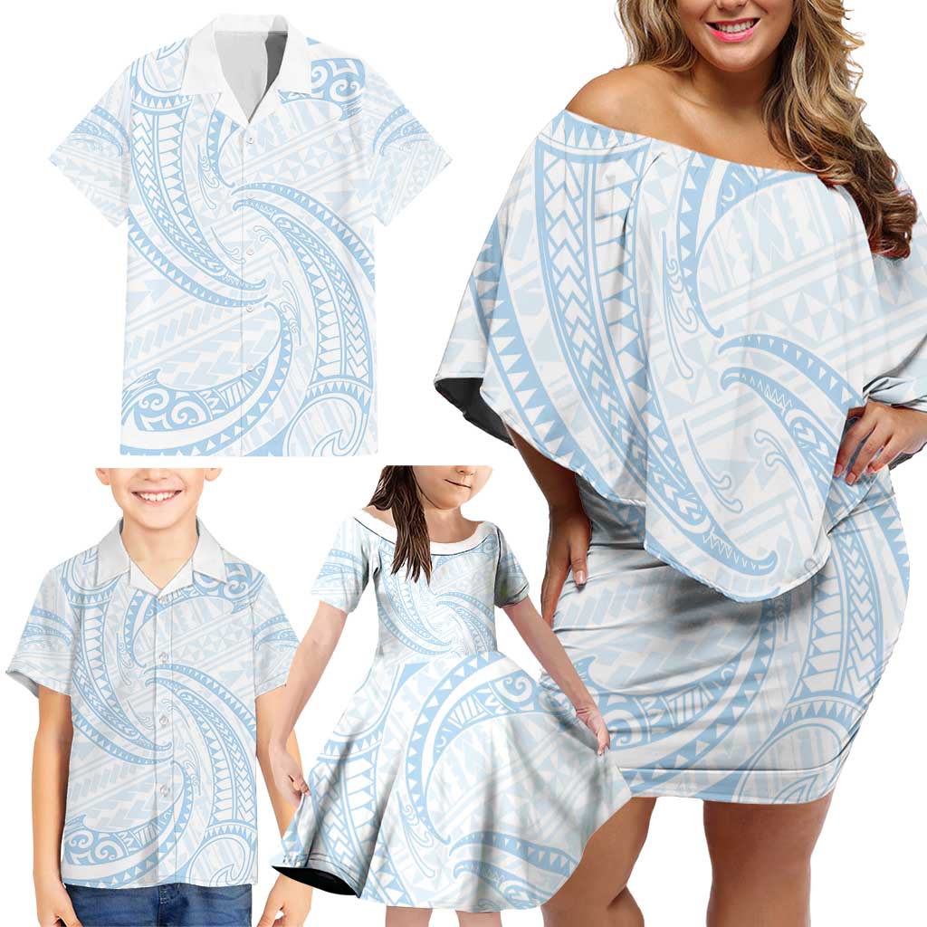 White Sunday Lotu Tamaiti Family Matching Off Shoulder Short Dress and Hawaiian Shirt Polynesian Wave Pastel Sky Blue LT9 - Polynesian Pride