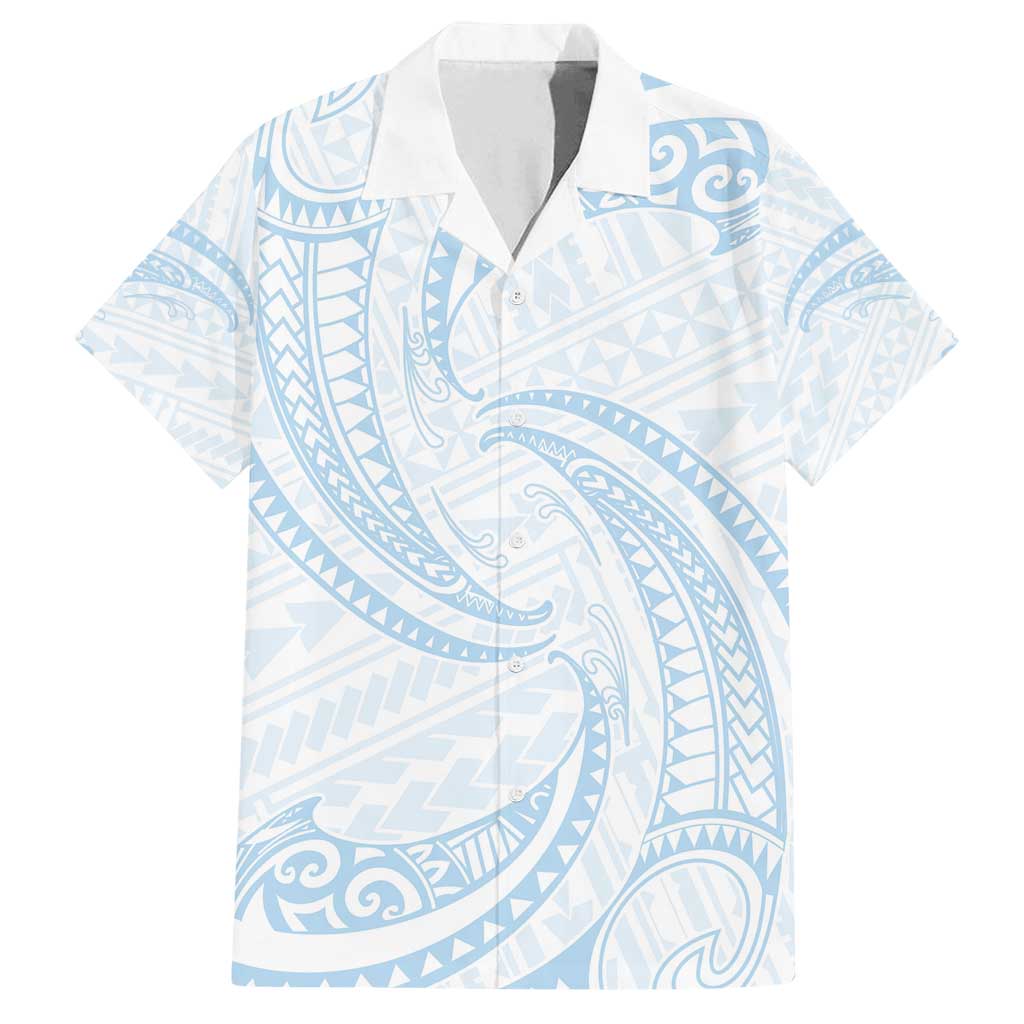 White Sunday Lotu Tamaiti Family Matching Off Shoulder Short Dress and Hawaiian Shirt Polynesian Wave Pastel Sky Blue LT9 Dad's Shirt - Short Sleeve Blue - Polynesian Pride