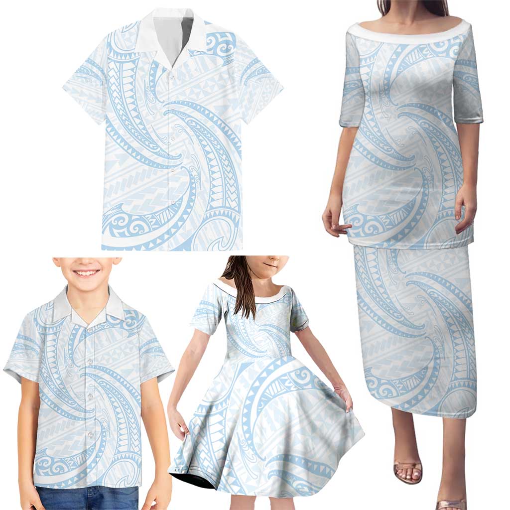 White Sunday Lotu Tamaiti Family Matching Puletasi and Hawaiian Shirt Polynesian Wave Pastel Sky Blue LT9 - Polynesian Pride